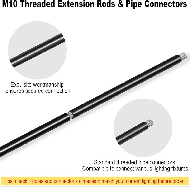MAYOMAJO M10 Threaded Extension Poles, 5 PCS 12-inch & 10 PCS 6-inch Lighting Fixture Downrods Stems & 180 Degrees Sloped Ceiling Adapter Kits for Pendant Light, Island Lighting, Chandeliers (Black) - Image 3